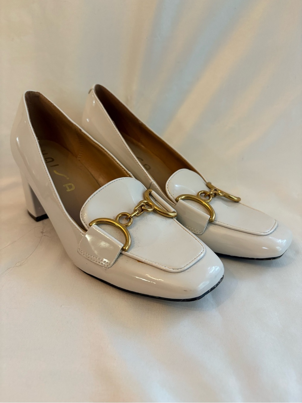 White Patent Leather Block Heel Loafers with Gold Bit